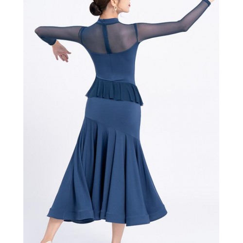 Women girls black navy blue ballroom dance dresses waltz tango foxtrot smooth ballroom dancing skirts long gown for female